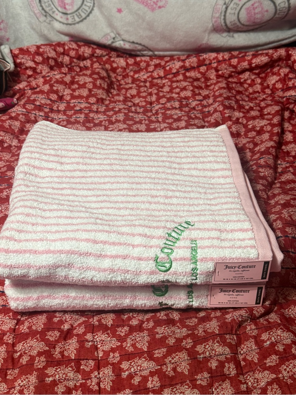 Juicy Couture Pink and White Striped Towel with Green Logo